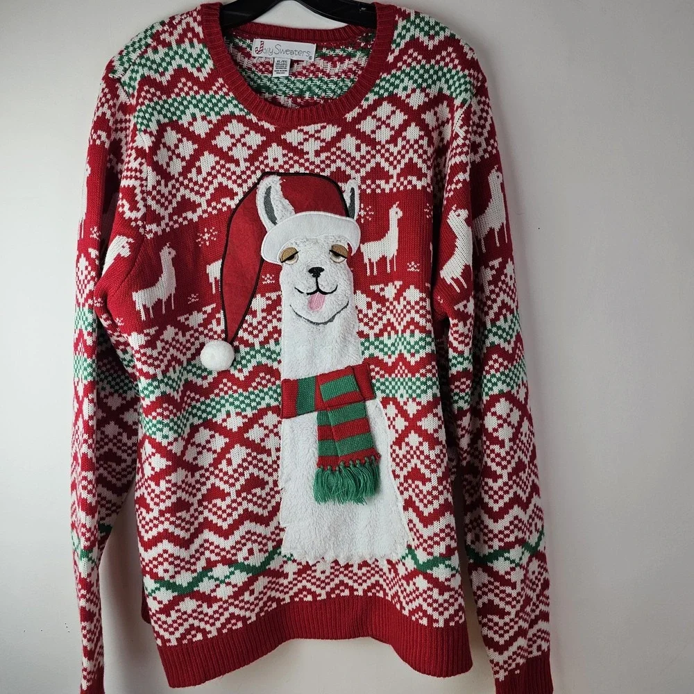Jolly Sweaters Mens Holiday XL Red Green Ugly Christmas Knit Llama Alpaca 3D LS